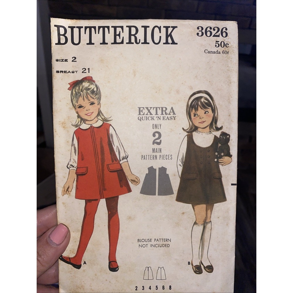 Vintage 60s Butterick 3626 Girls A-Line Scoop Neck Jumper Dress Pattern Size 2